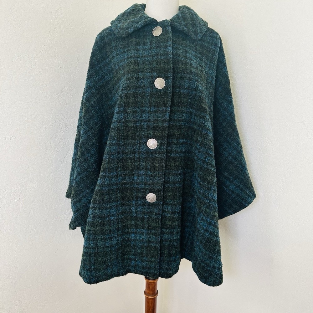 Vtg Lanz Salzburg Original Asutrian Cape Green Plaid Loden Coat Womens Size M